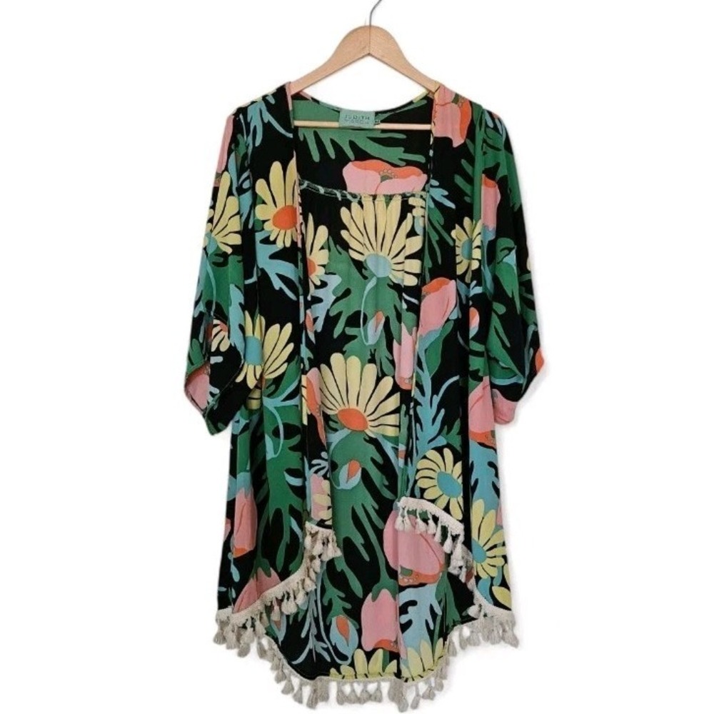 Judith March Daisy Floral Tassel Fringe Boho Kimono Cover Up Large Shawl